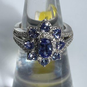 AAA Tanzanite and Natural White ZIrcon Floral Ring -- Size 5